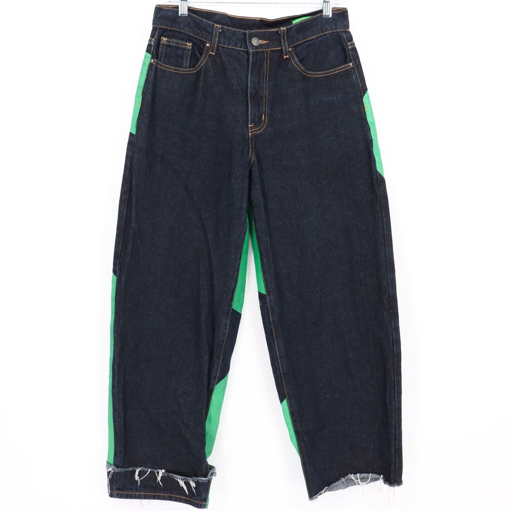 Jaded London x Sydney Relaxed Baggy Fit Jeans W28 Dark Wash Green Distressed Hem